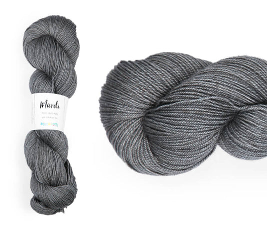 Hand-dyed, 20% yak / 20% silk / 60% superwash merino yarn. Colourway: Silver Pennies. 4ply, 100g skeins/approx 365m. A luxurious yarn spun from exotic fibres. This yarn is silky and drapey so it works very well for shawls but can also be used for that special garment. 