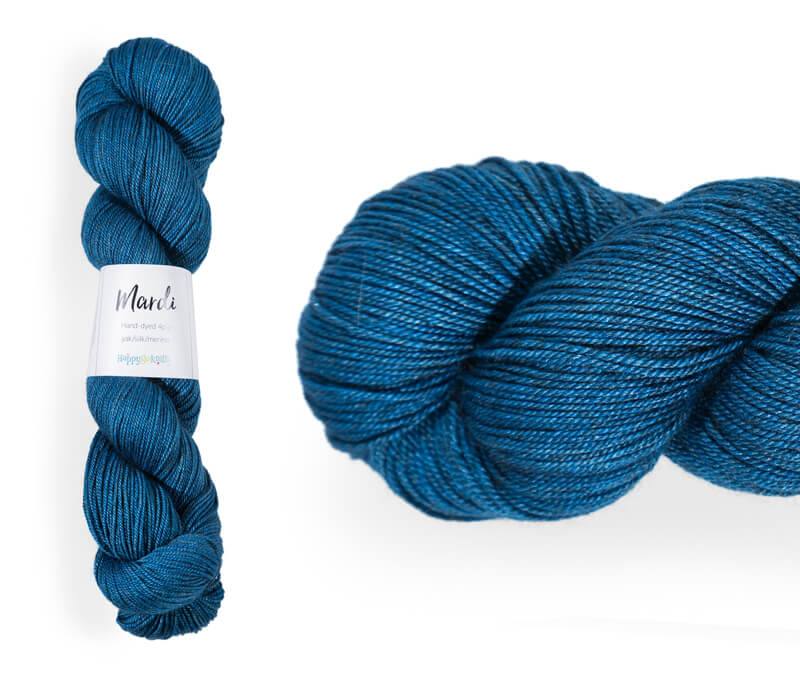 Hand-dyed, 20% yak / 20% silk / 60% superwash merino yarn. Colourway: Summer Sky. 4ply, 100g skeins/approx 365m. A luxurious yarn spun from exotic fibres. This yarn is silky and drapey so it works very well for shawls but can also be used for that special garment. 