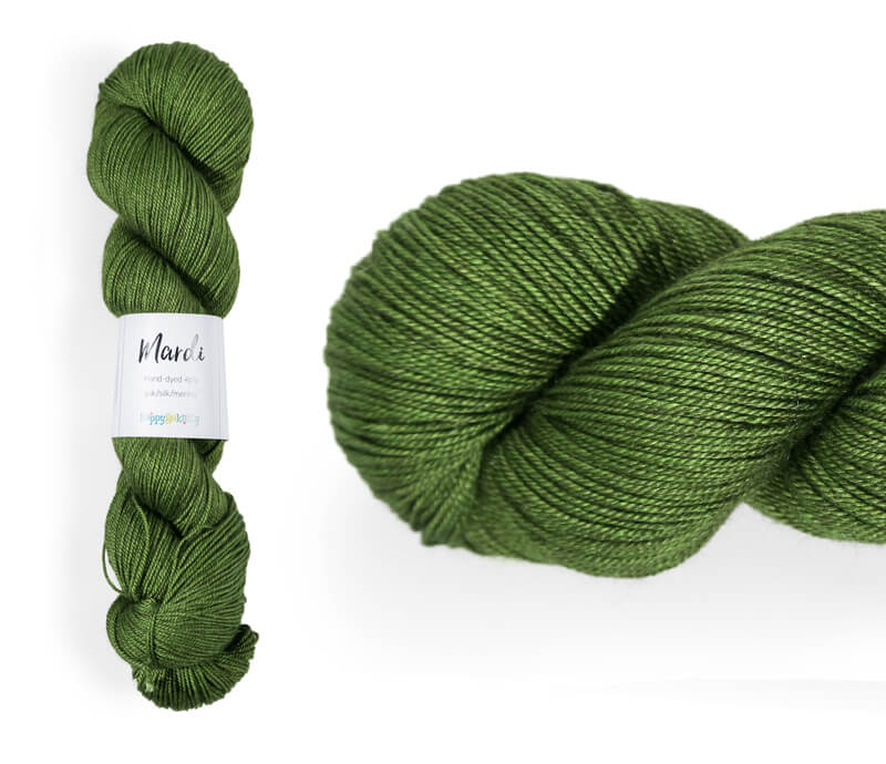 Hand-dyed, 20% yak / 20% silk / 60% superwash merino yarn. Colourway: Walking the Rainforest. 4ply, 100g skeins/approx 365m. A luxurious yarn spun from exotic fibres. This yarn is silky and drapey so it works very well for shawls but can also be used for that special garment. 
