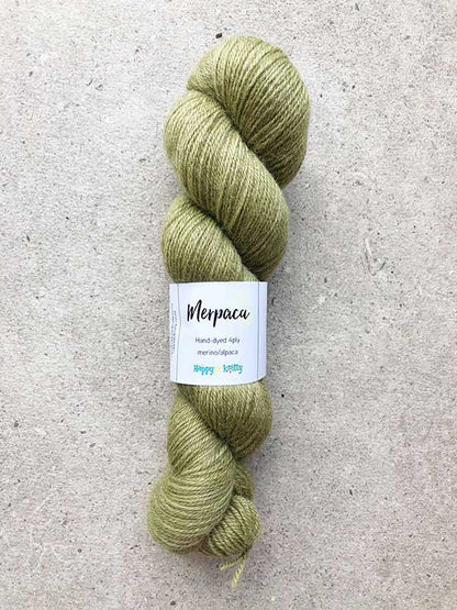 Hand-dyed yarn, 80% merino / 20% alpaca. Colourway: Green Olives. Available in 4ply and 8ply. A wonderful artisan yarn spun here in NZ - merino blended with alpaca. Worsted spun. Beautiful for stranded and fair isle knitting. Suitable for garments, hats, scarves, mittens, and big, cosy shawls. 