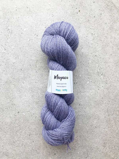 Hand-dyed yarn, 80% merino / 20% alpaca. Colourway: Jacaranda. Available in 4ply and 8ply. A wonderful artisan yarn spun here in NZ - merino blended with alpaca. Worsted spun. Beautiful for stranded and fair isle knitting. Suitable for garments, hats, scarves, mittens, and big, cosy shawls.