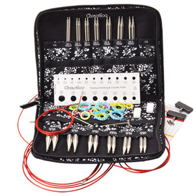 The complete set from ChiaoGoo contains 13 cm lace tips made of surgical-grade stainless steel. The TWIST red cables are memory-free! Also included with each set are easy-to-read coded cable connectors, end stoppers, T-shaped tightening keys, stitch markers, a needle gauge, and a compact zipper-enclosed, fabric case. Shop today at Happy-go-knitty!