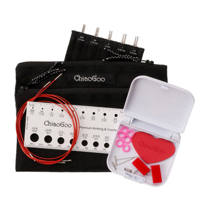 The MINI set includes 5 pairs of 13cm surgical-grade, stainless steel, lace tips, 3 cable lengths, a needle gauge, and a MINI Tools Kit. It comes in a compact, 2-pocket, black mesh case that fits easily into the current ChiaoGoo interchangeable case. A sleeve with labeled pockets is also included to hold the MINI tips.