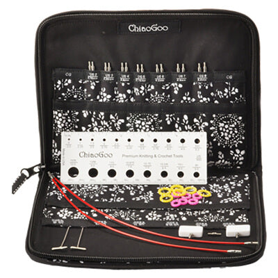 This small set from ChiaoGoo contains 10 cm lace tips made of surgical-grade stainless steel and TWIST red cables that are memory-free! Also included with each set are cable connectors, end stoppers, T-shaped tightening keys, stitch markers, a needle gauge and compact, zipper-enclosed fabric case.