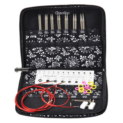 This small set from ChiaoGoo contains 13 cm lace tips made of surgical-grade stainless steel and TWIST red cables that are memory-free! Also included with each set are cable connectors, end stoppers, T-shaped tightening keys, stitch markers, a needle gauge and compact, zipper-enclosed fabric case.