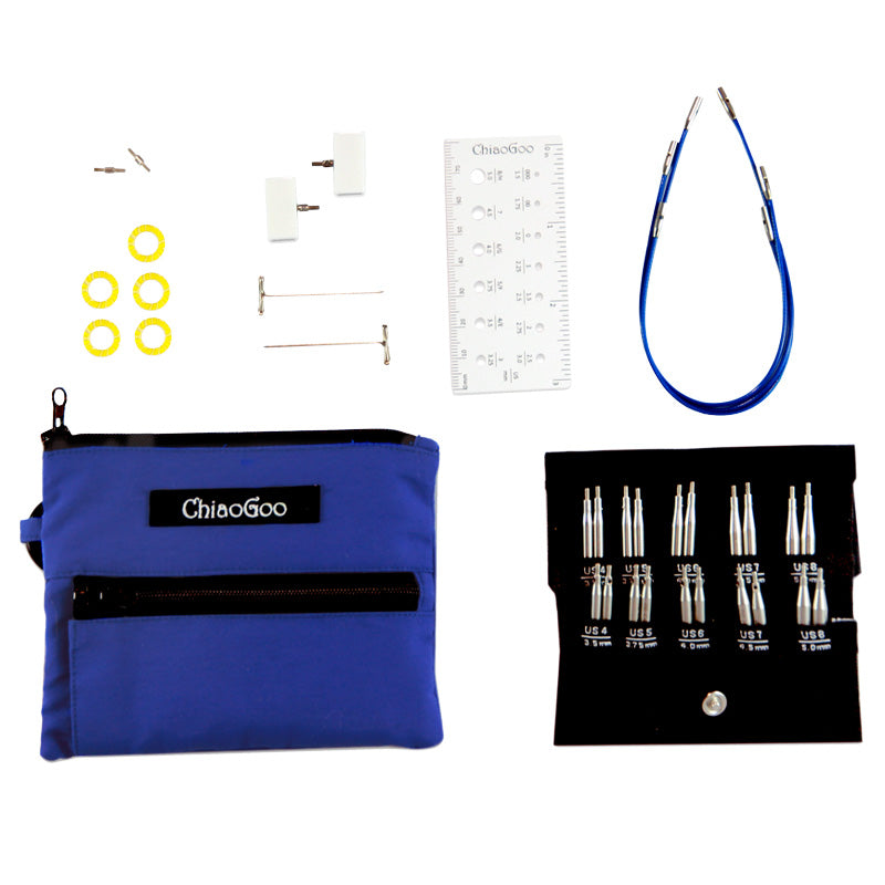 Make 23 cm (9") through 36 cm (14") circulars with the TWIST Shorties! The set includes 10 pairs of 5 cm solid stainless steel & 8 cm hollow stainless steel interchangeable tips 3.5 mm-5 mm, 3 [S] diameter blue X-Flex cables, end stoppers, tightening keys, connectors, stitch markers, needle gauge, in a blue nylon pouch