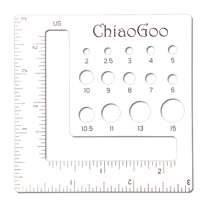 Swatch and needle gauge. Use the round holes for measuring your needles. Use the L-shaped hole to measure your knitting gauge. US sizes on one side, metric sizes on the other.