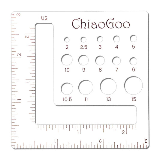 Swatch and needle gauge. Use the round holes for measuring your needles. Use the L-shaped hole to measure your knitting gauge. US sizes on one side, metric sizes on the other.