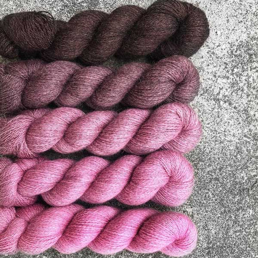 Hand-dyed, 50% Bluefaced Leicester / 50% Masham. Colourway: Magnolia Tree. 4ply, 100g skeins/approx 450m. 5 x 100g, total 2,250m. Set of 5 skeins of natural coloured wool that has been dyed in the same colour. 