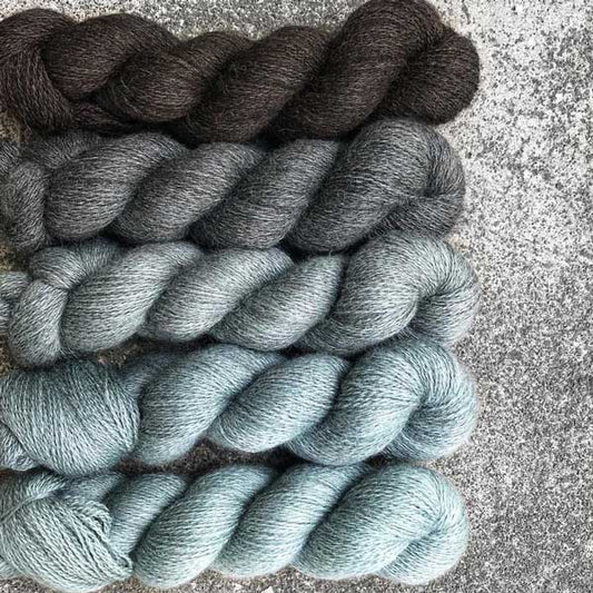 Hand-dyed, 50% Bluefaced Leicester / 50% Masham. Colourway: Succulent. 4ply, 100g skeins/approx 450m. 5 x 100g, total 2,250m. Set of 5 skeins of natural coloured wool that has been dyed in the same colour. 
