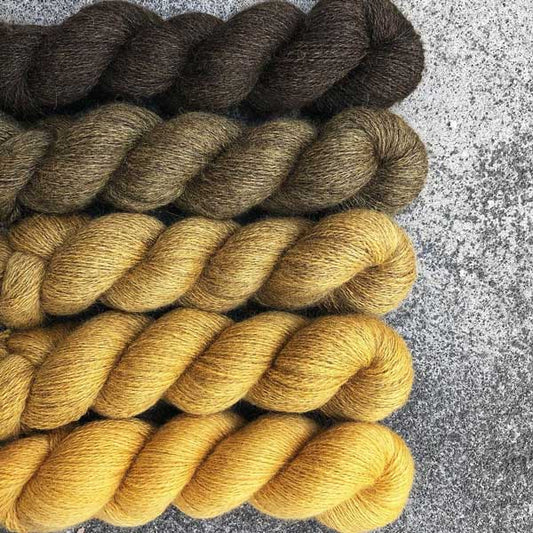 Hand-dyed, 50% Bluefaced Leicester / 50% Masham. Colourway: Toffee. 4ply, 100g skeins/approx 450m. 5 x 100g, total 2,250m. Set of 5 skeins of natural coloured wool that has been dyed in the same colour. 