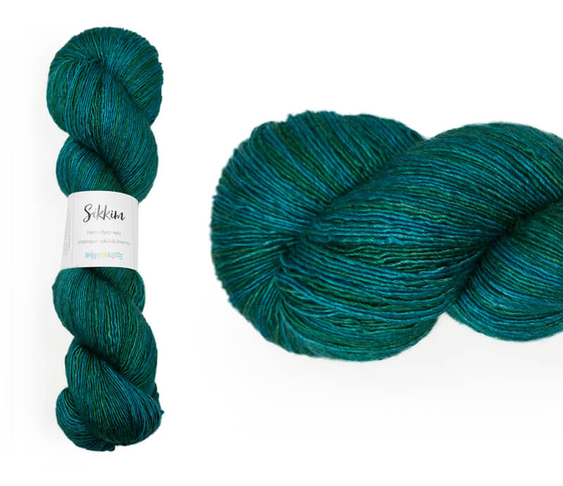 Hand-dyed single spun 15% yak / 20% silk / 65% superwash merino yarn. Colourway: Hauraki Gulf. 4ply. The yak fibre is clearly visible, giving it a slightly heathered look. Very soft and drapes beautifully, so suitable for shawls. Can of course also be used for scarves, hats, baby clothes, or other 4ply knits.