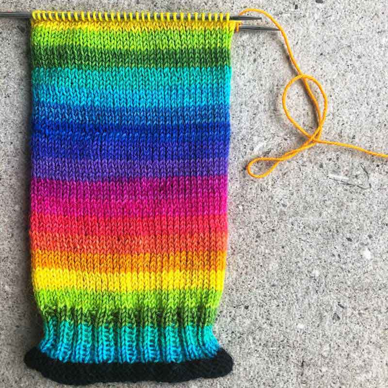 Self-striping rainbow sock yarn. Dyed with no less than 14 colours! Available in Dartmoor and Shangri-la. This yarn is hand-dyed, colour variations are intentional. After dyeing, the yarn has been thoroughly washed and rinsed. Shop at Happy-go-knitty today!