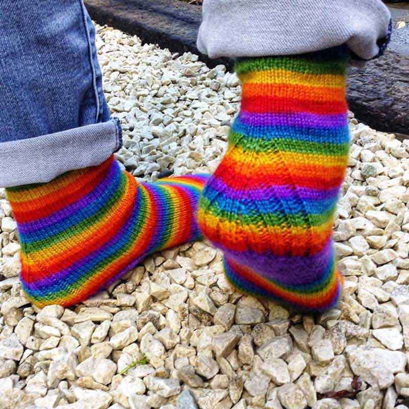 Self-striping rainbow sock yarn. Yes, they really do knit up in stripes! Available in Shangri-la, Aoraki, and Dartmoor. This yarn is hand-dyed, colour variations are intentional. After dyeing, the yarn has been thoroughly washed and rinsed. Shop at Happy-go-knitty today!