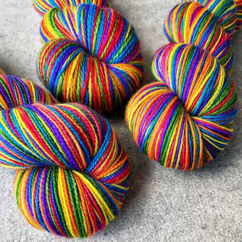Self-striping rainbow sock yarn. Yes, they really do knit up in stripes! Available in Shangri-la, Aoraki, and Dartmoor. This yarn is hand-dyed, colour variations are intentional. After dyeing, the yarn has been thoroughly washed and rinsed. Shop at Happy-go-knitty today!