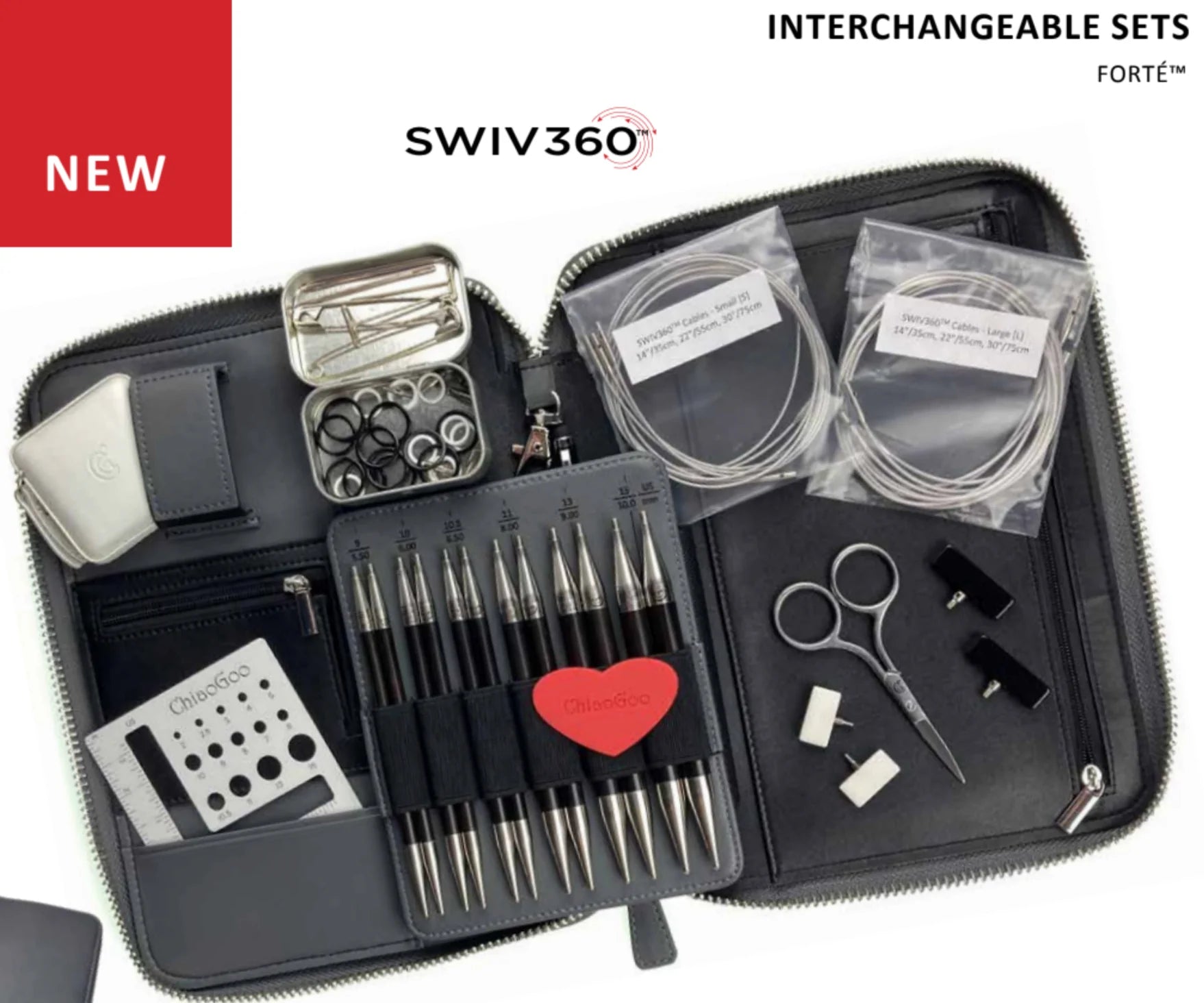 ChiaoGoo’s newest Special Edition interchangeable set, Forté, includes tips that are an elegant combination of sleek, stainless steel and luxurious, African Blackwood. This is the Rolls Royce of Interchangeable Stainless Steel Circular Needle systems!